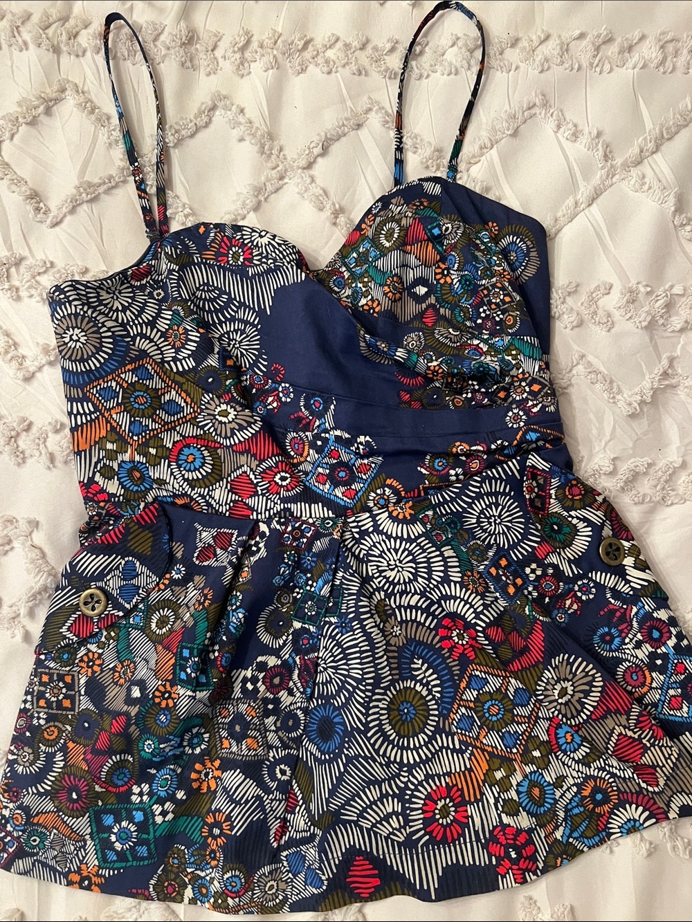 Anthropologie Women's Navy Floral Print Spaghetti Strap peplum top